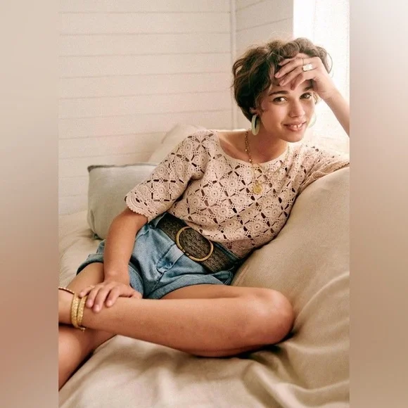 Sezane Dorine Top in Latte Tan Size XS Crochet Lace Blouse Cotton Tee Shirt - Picture 2 of 15